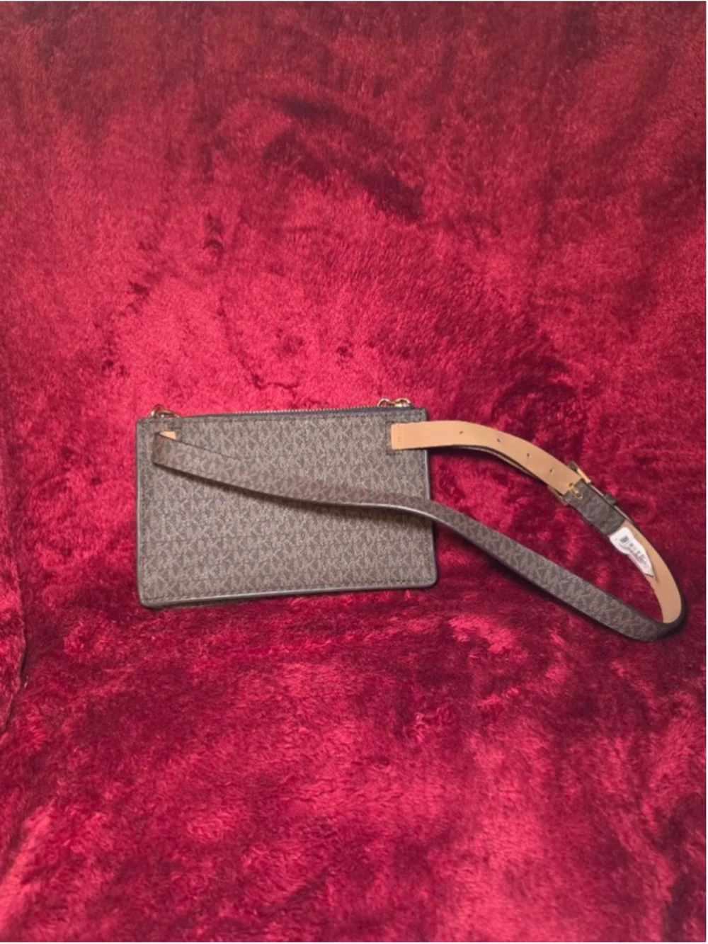 Michael Kors Brown Monogram Clutch Wristlet Belt Bag with Belt and Chain